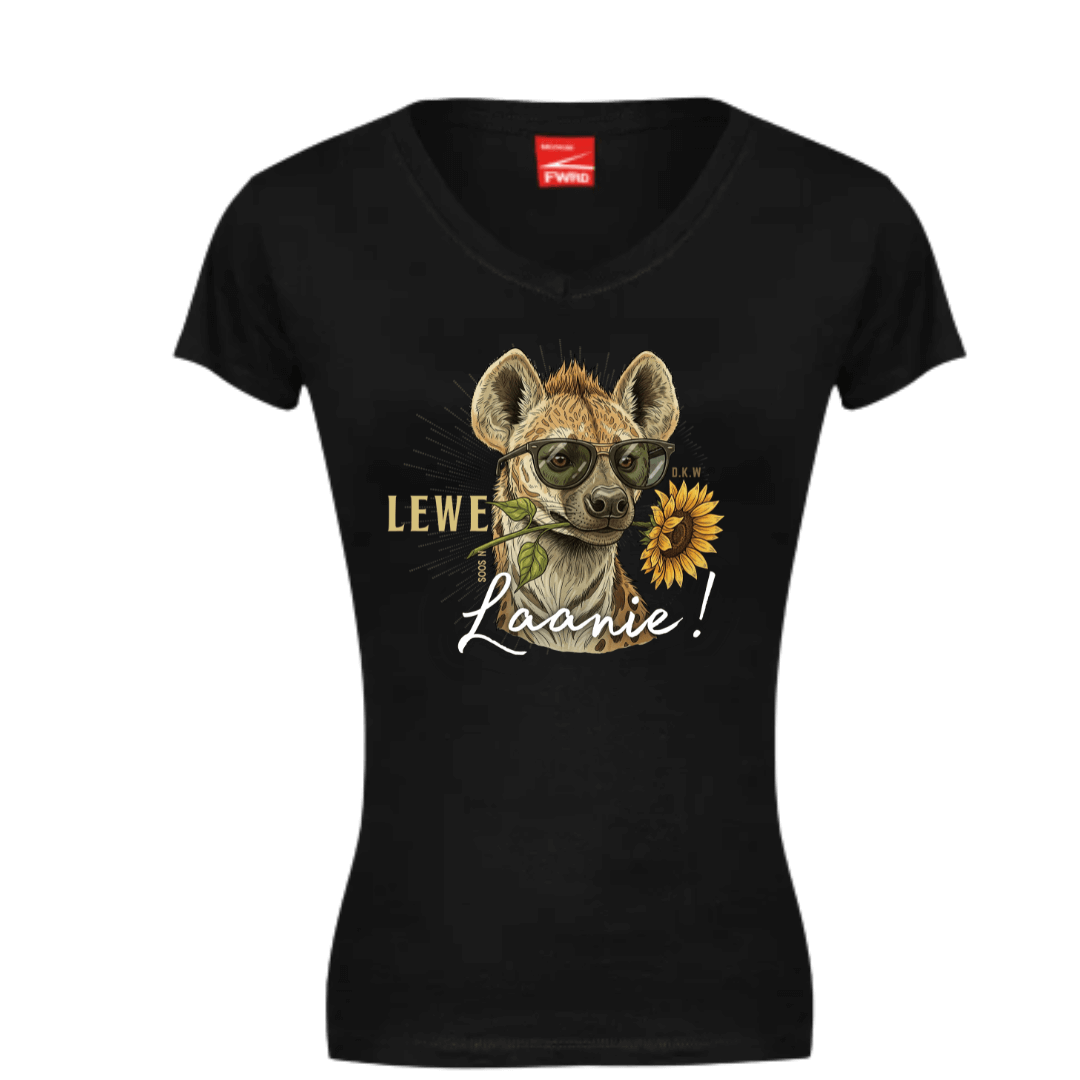 Women’s black graphic tee featuring a hyena with glasses and a sunflower, promoting confidence with the slogan 'Lewe Soos ’n Laanie'.