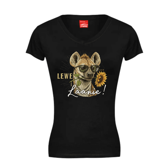 Women’s black graphic tee featuring a hyena with glasses and a sunflower, promoting confidence with the slogan 'Lewe Soos ’n Laanie'.
